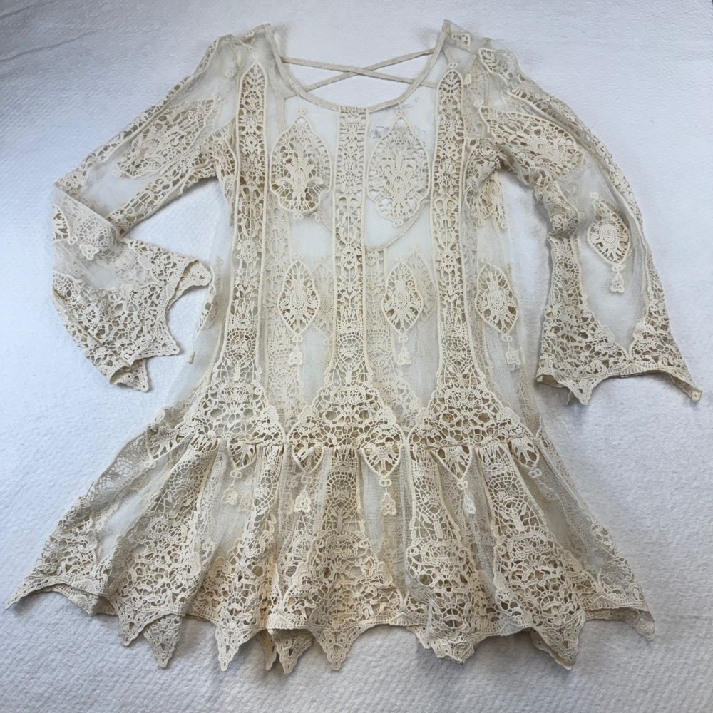Jen Pirate Bootie Swimsuit Cover up Med Lace Crochet  Boho Festival Sheer Ivory